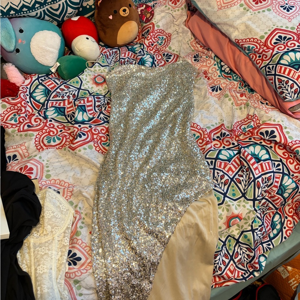 White Fox Boutique Silver Sequin Maxi Dress